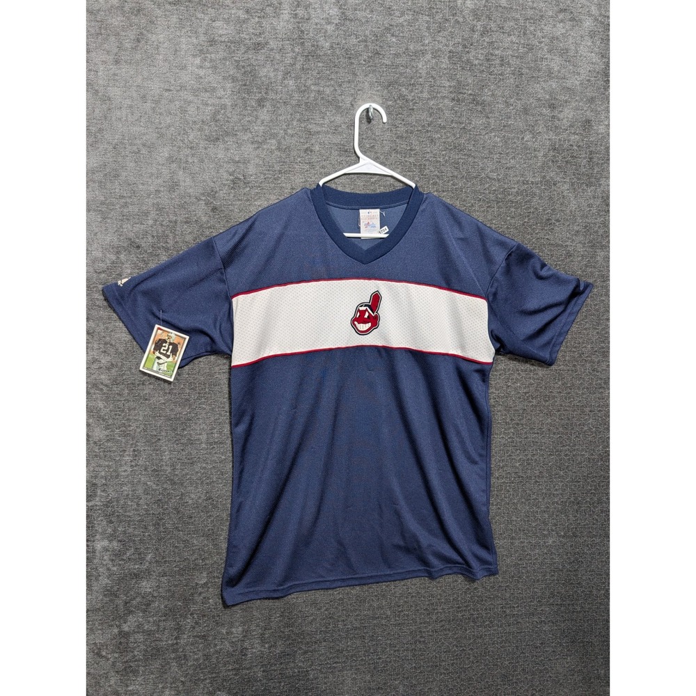 Majestic Cleveland Indians MLB Jersey Navy Blue White Stripe Chief Wahoo Mens M